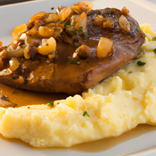 Tender steak cooked in garlic butter and served with mashed potatoes