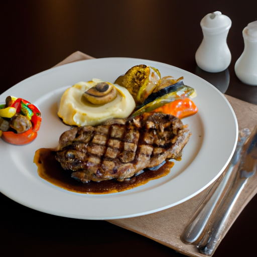 A perfectly cooked and juicy steak served with grilled vegetables and mashed potatoes