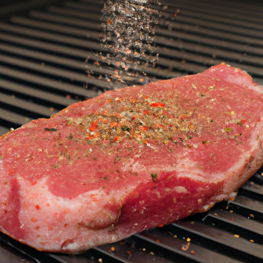 Seasoning being sprinkled on a raw steak before grilling