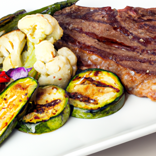 A perfectly cooked steak with roasted vegetables